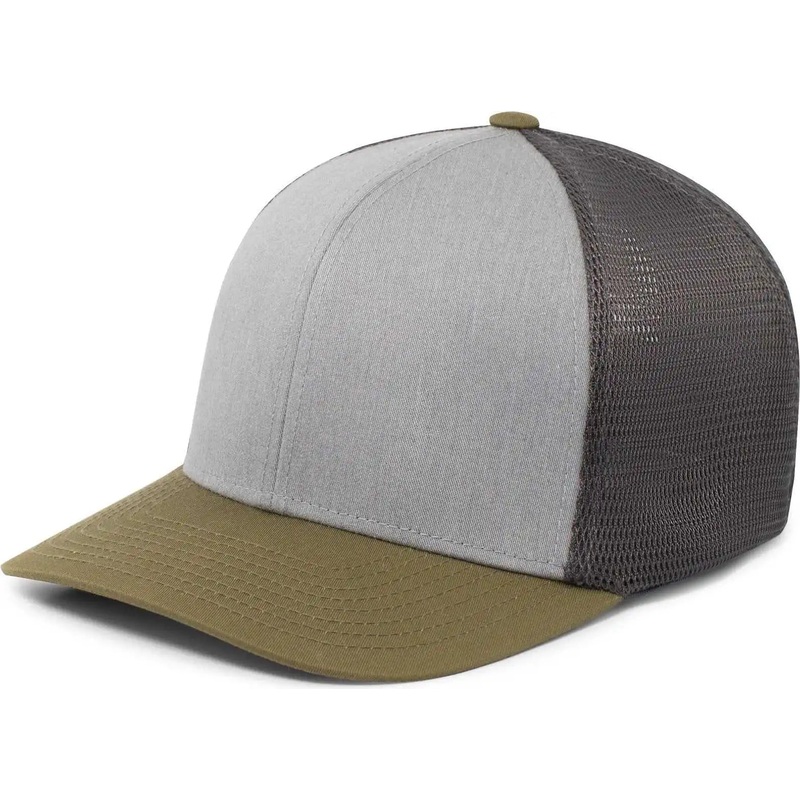 Pacific Headwear P401 Fusion Trucker Cap – Heather Grey Lt Charcoal Moss Green