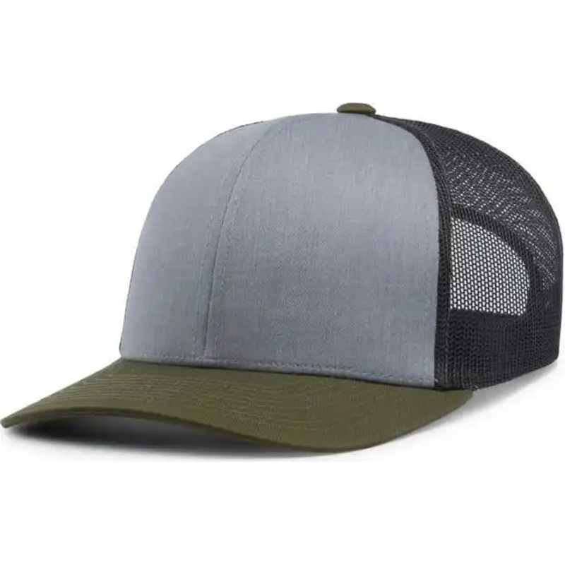 Pacific Headwear 104C Trucker Snapback Cap – Heather Grey Lt Charcoal Moss Green