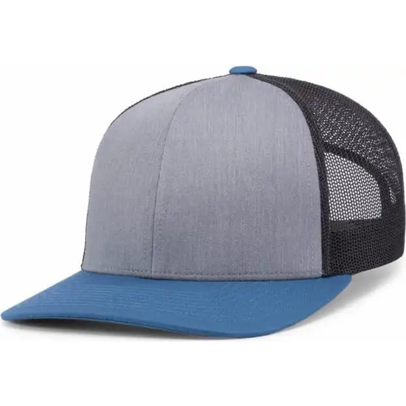 Pacific Headwear 104C Trucker Snapback Cap – Heather Grey Lt Charcoal Ocean Blue