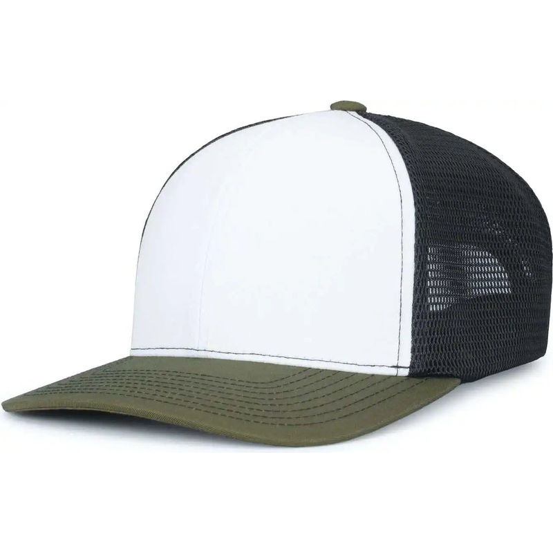 Pacific Headwear P151S Contrast Stitch Trucker Pacflex Snapback Cap – White Light Charcoal Moss