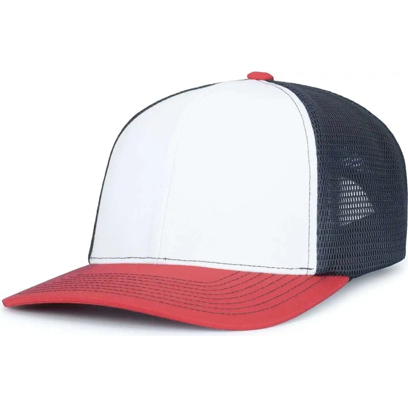 Pacific Headwear P151S Contrast Stitch Trucker Pacflex Snapback Cap – White Navy Red