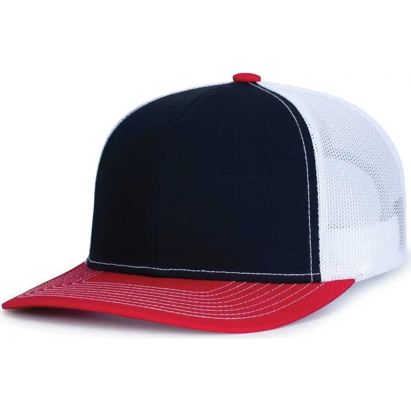 Pacific Headwear 104S Contrast Stitch Trucker Snapback – Navy White Red