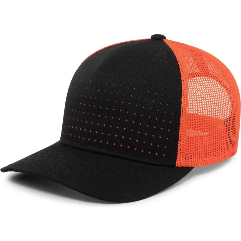 Pacific Headwear 105P Perforated 5 Panel Trucker Snapback Cap – Black Orange Black