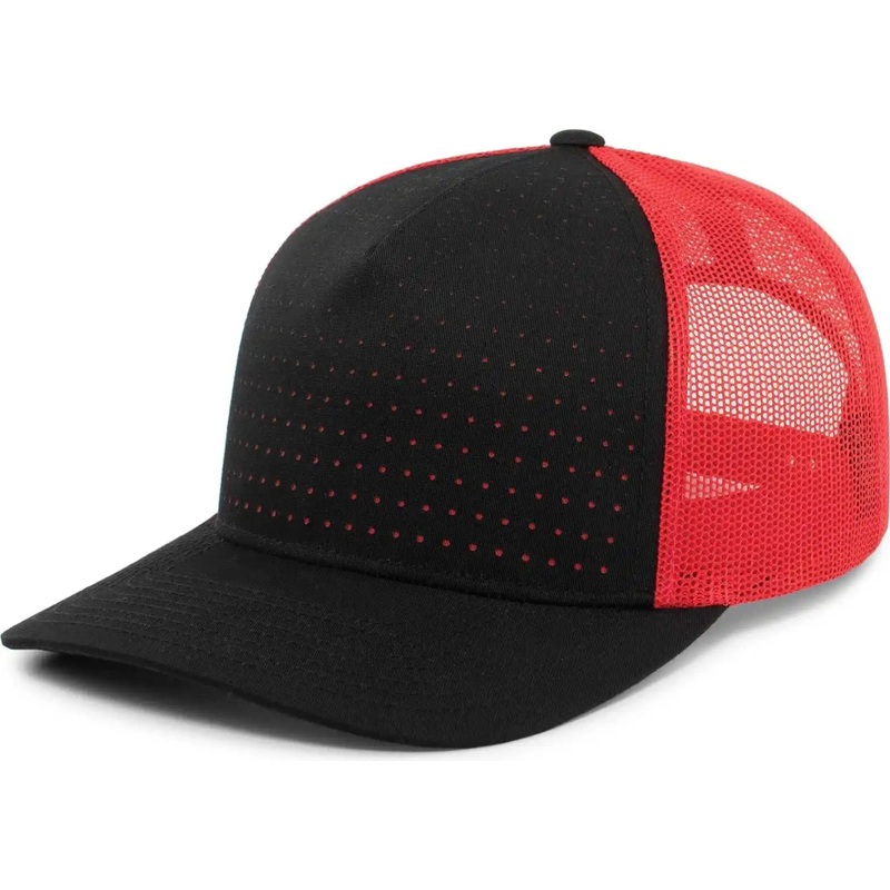 Pacific Headwear 105P Perforated 5 Panel Trucker Snapback Cap – Black Red Black