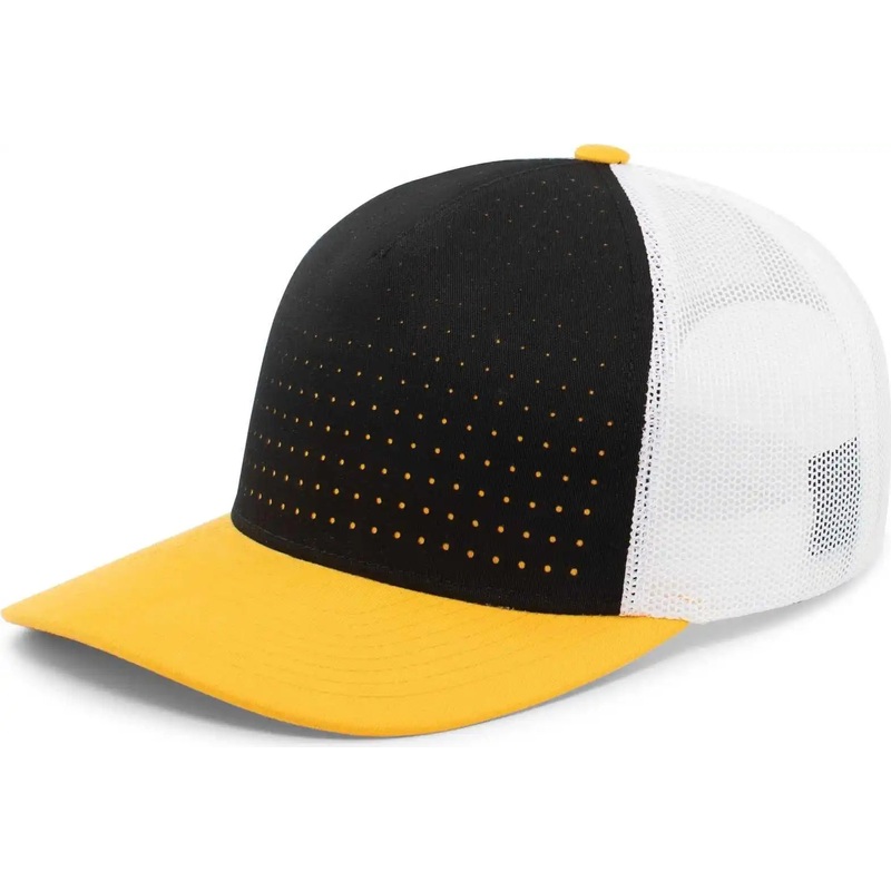 Pacific Headwear 105P Perforated 5 Panel Trucker Snapback Cap – Black White Gold