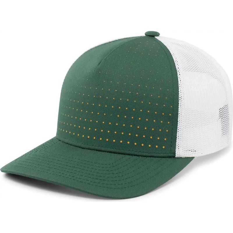 Pacific Headwear 105P Perforated 5 Panel Trucker Snapback Cap – Dark Green White Gold