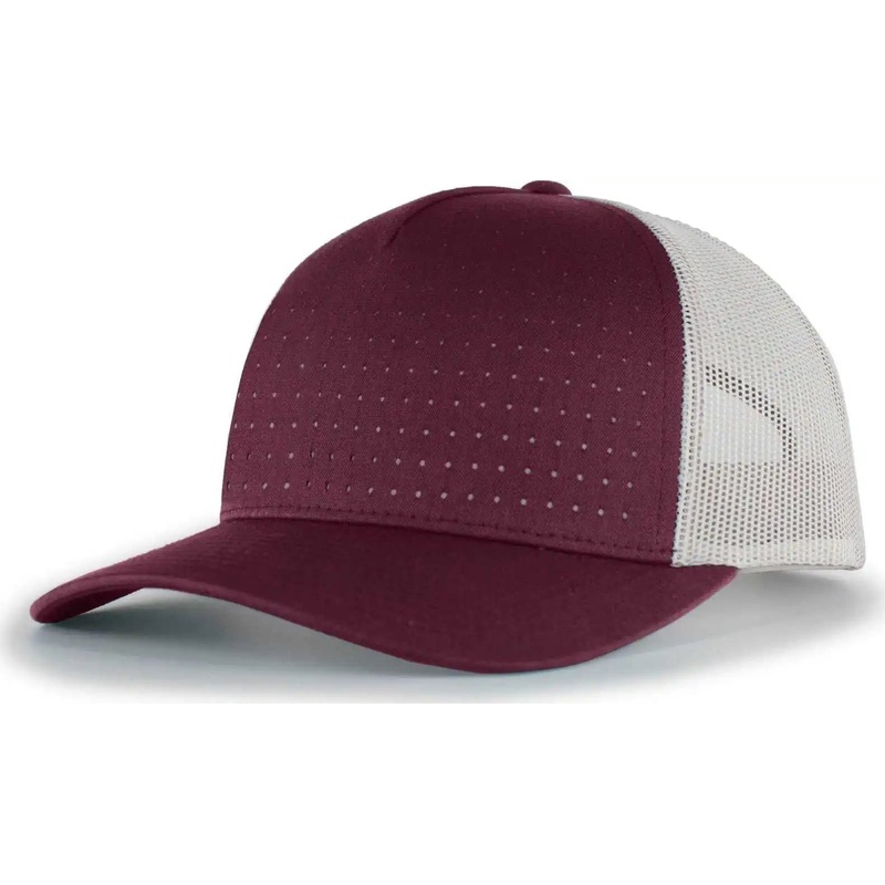 Pacific Headwear 105P Perforated 5 Panel Trucker Snapback Cap – Dark Maroon Silver Dark Maroon