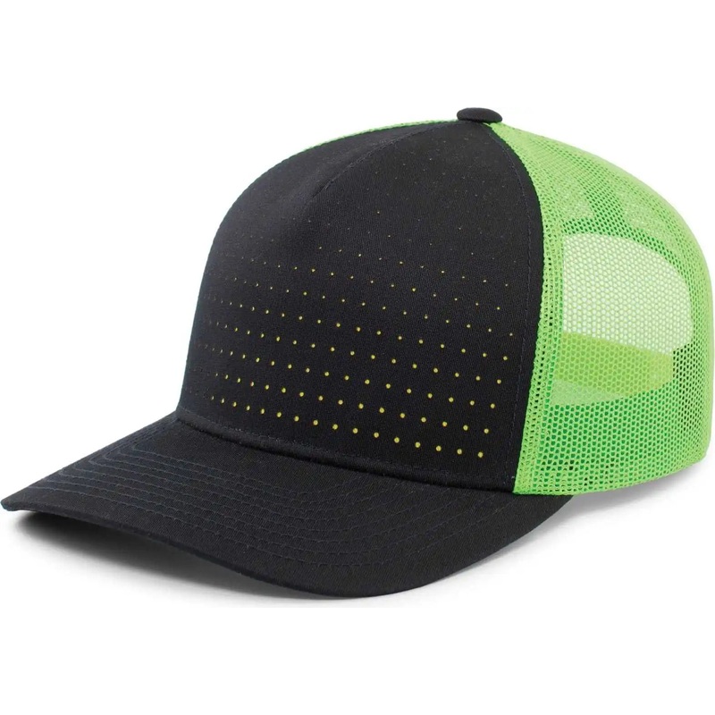 Pacific Headwear 105P Perforated 5 Panel Trucker Snapback Cap – Navy Neon Green Navy