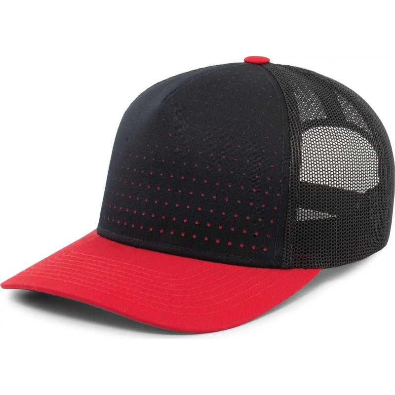 Pacific Headwear 105P Perforated 5 Panel Trucker Snapback Cap – Navy Red
