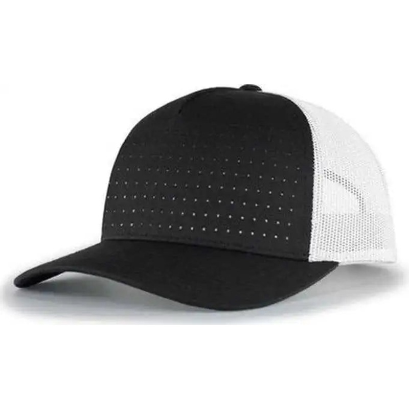 Pacific Headwear 105P Perforated 5-Panel Trucker Snapback Cap – Black White Black