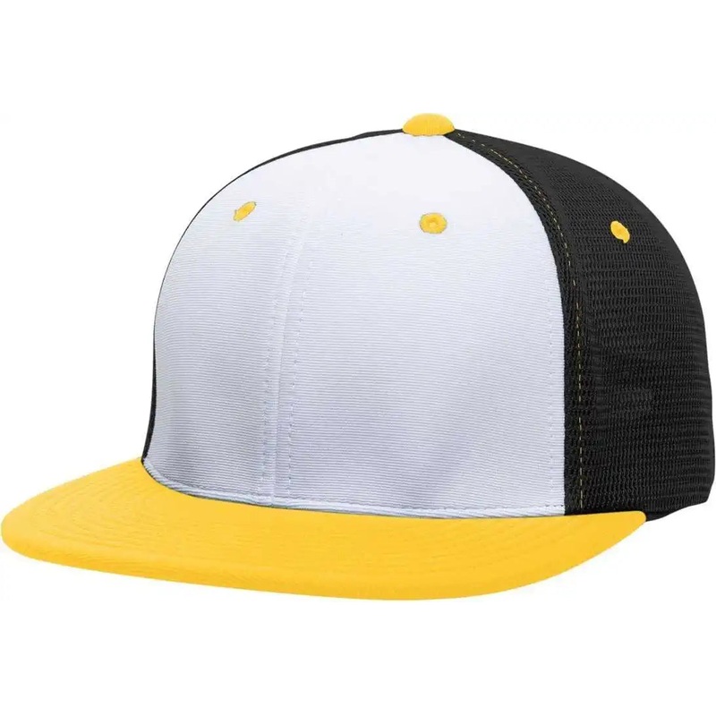Pacific Headwear ES341 Premium M2 Performance Trucker Flexfit Cap – White Black Gold