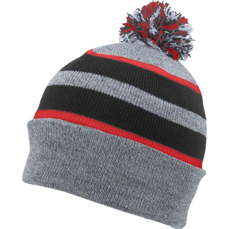Pacific Headwear 641K Pom-Pom Cuff Beanie – Heather Gray Black Red