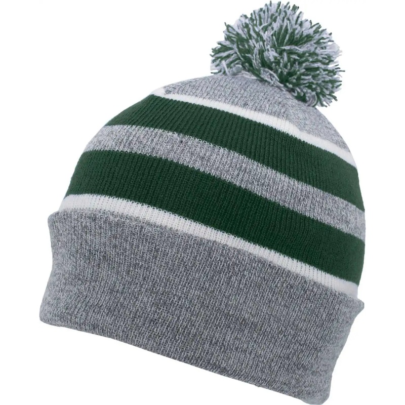 Pacific Headwear 641K Pom-Pom Cuff Beanie – Heather Gray Dark Green White