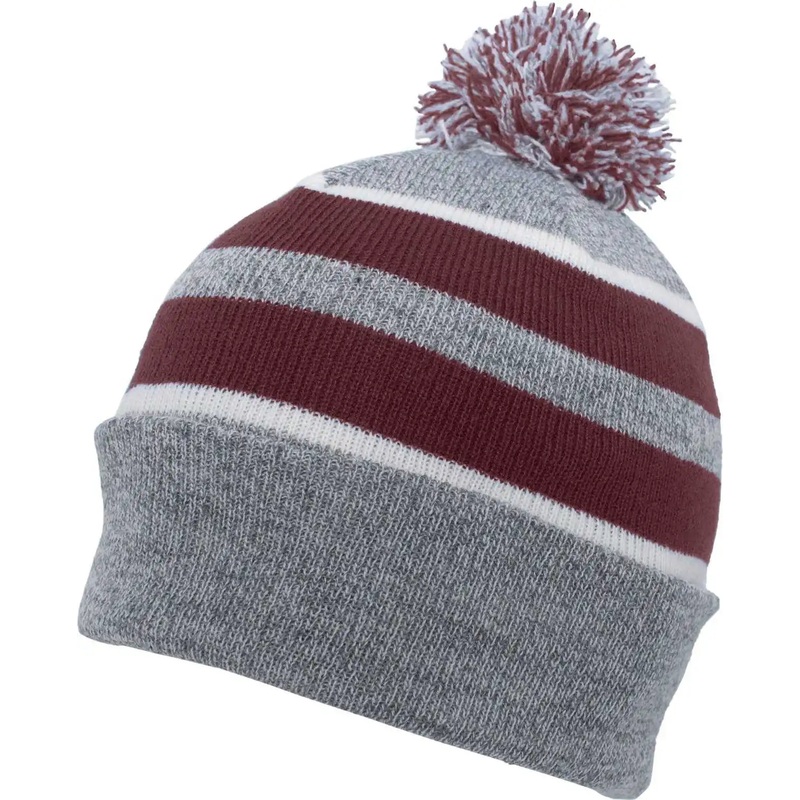 Pacific Headwear 641K Pom-Pom Cuff Beanie – Heather Gray Maroon White