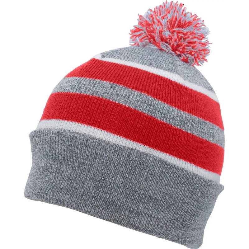 Pacific Headwear 641K Pom-Pom Cuff Beanie – Heather Gray Red White