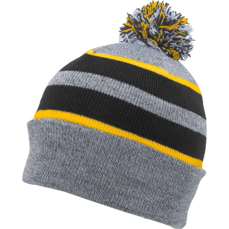 Pacific Headwear 641K Pom-Pom Cuff Beanie – Heather Gray Black Gold