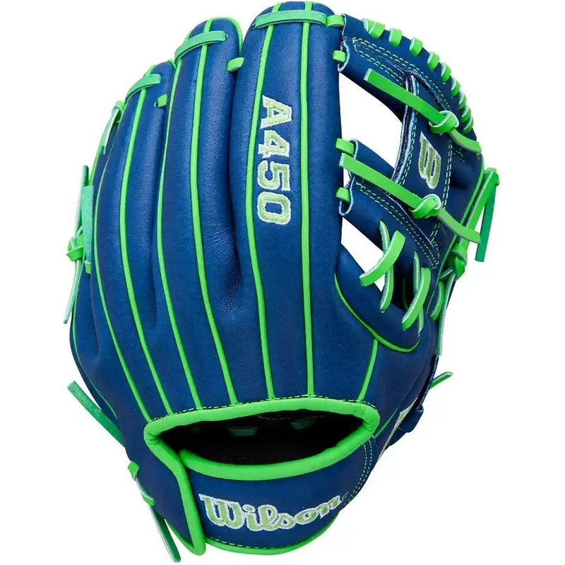 Wilson A450 10.75 Youth Infield Glove WBW1039771075- Royal Neon Green White