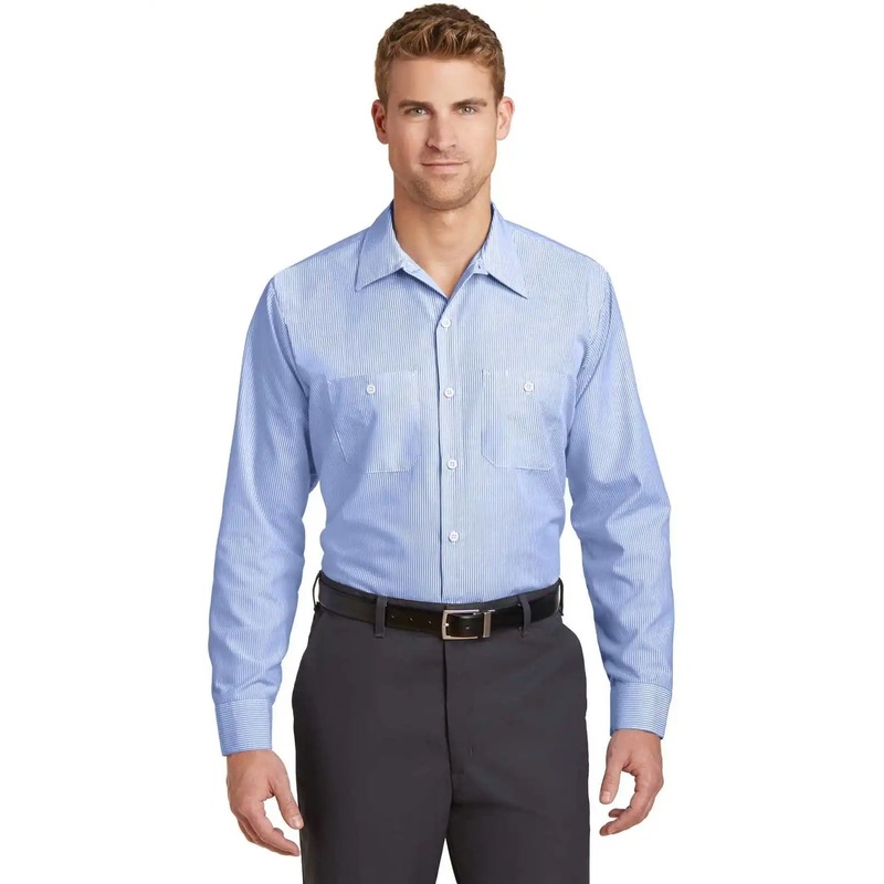 Red Kap CS10LONG Long Size, Long Sleeve Striped Industrial Work Shirt – White Blue