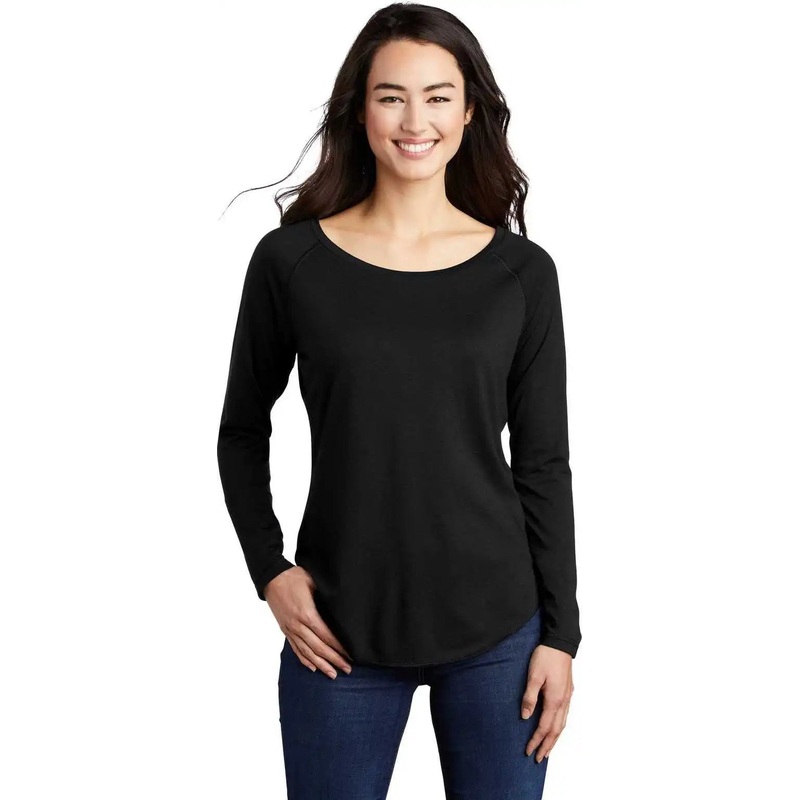 Sport-Tek LST400LS Ladies Posicharge Long Sleeve Tri-Blend Wicking Scoop Neck Raglan Tee – Black Triad Solid