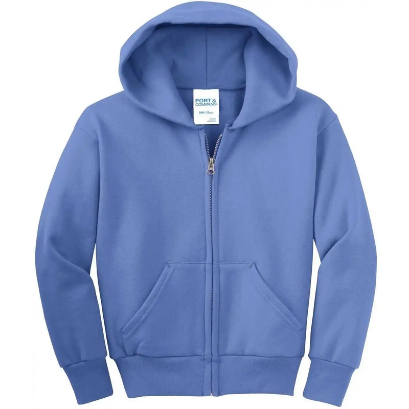 Port & Company PC90YZH  Youth Core Fleece FullZip Hooded Sweatshirt – Carolina Blue