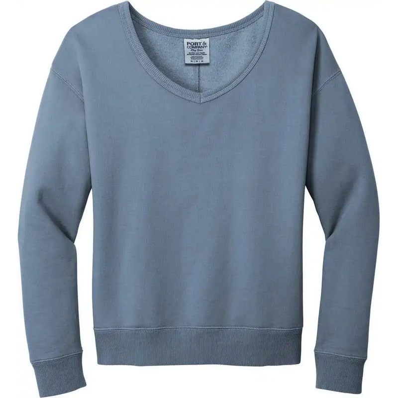 Port & Company LPC098V Women’S Beach Wash Garment-Dyed V-Neck Sweatshirt – FadedDenim