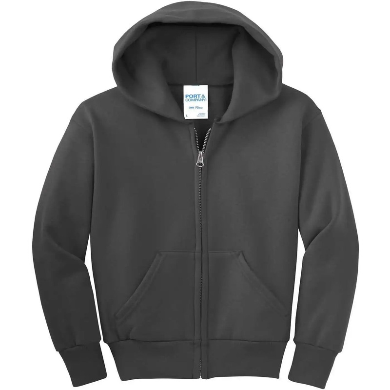 Port & Company PC90YZH  Youth Core Fleece FullZip Hooded Sweatshirt – Charcoal