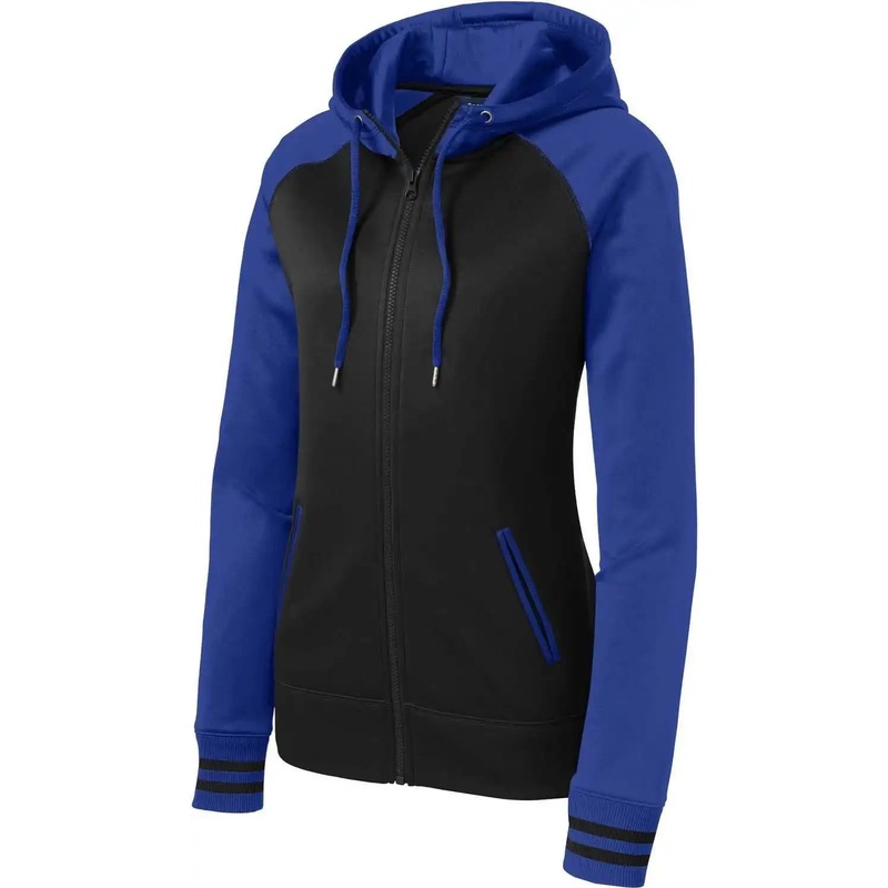 Sport-Tek LST236 Women’S Sport-Wick Varsity Fleece Full-Zip Hooded Jacket – Black/ True Royal