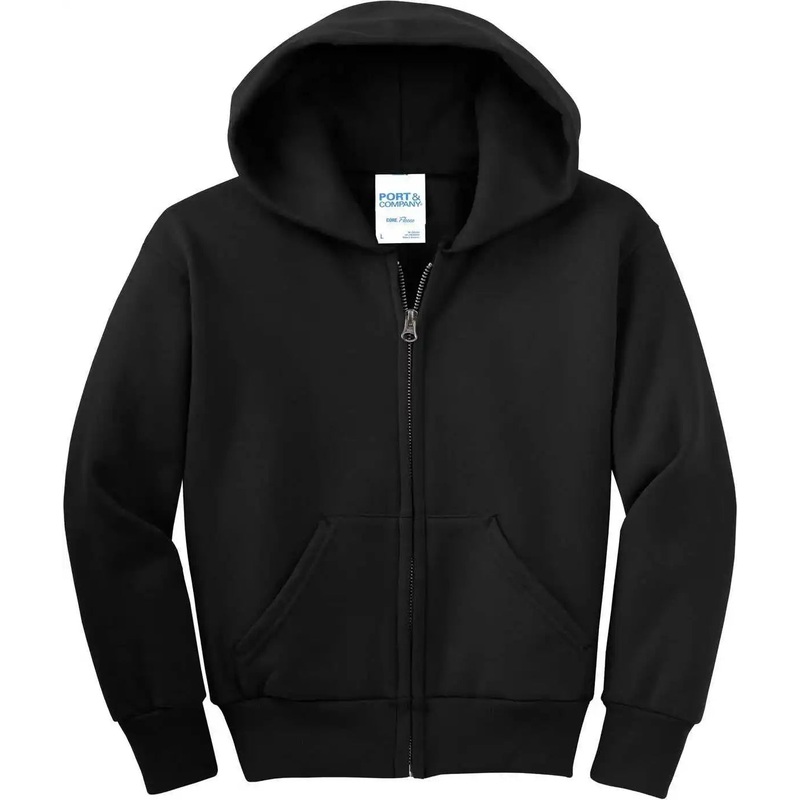 Port & Company PC90YZH  Youth Core Fleece FullZip Hooded Sweatshirt – Jet Black