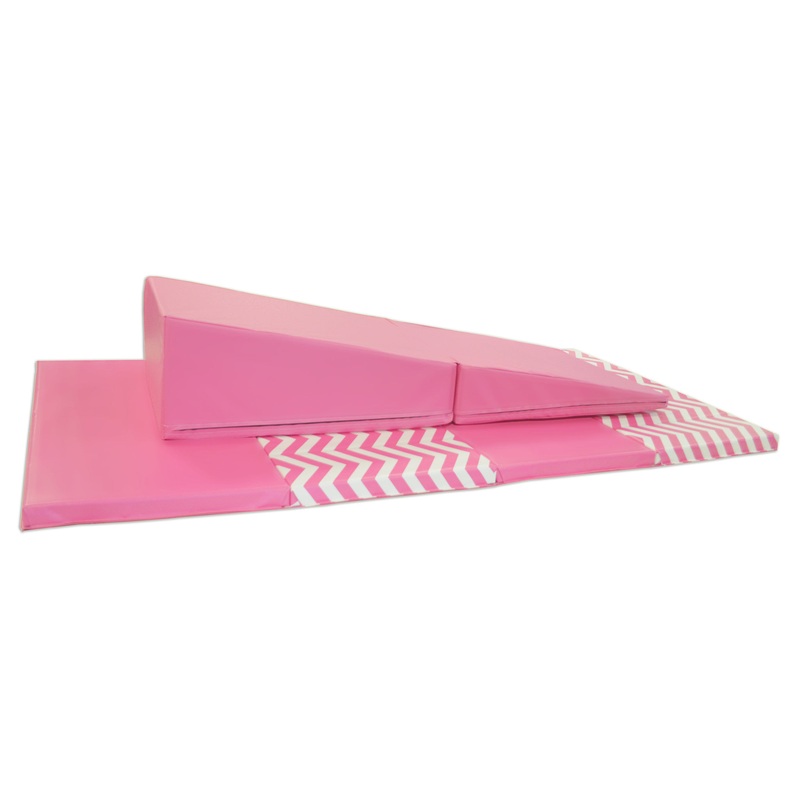 4′ x 8′ x 2 Pink Chevron gymnastics Folding Mat and Pink Incline Combo