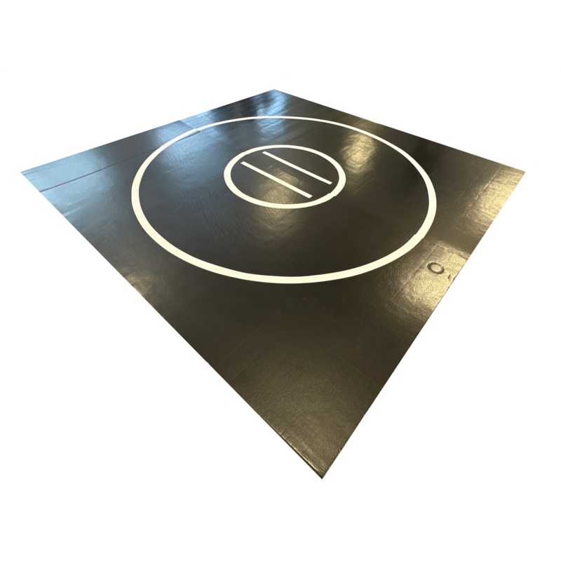 Clearance 10′ x 10′ x 1 3/8 Roll-Up Wrestling Mat – Black Mat with White Circles and Lines – Circle Impression on Mat(see photo)