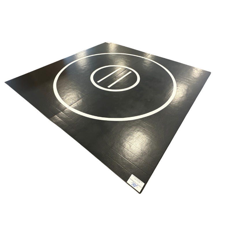Clearance 10′ x 10′ x 1 3/8 Roll-Up Wrestling Mat – Black Mat with White Circles and Lines- Damage on back side