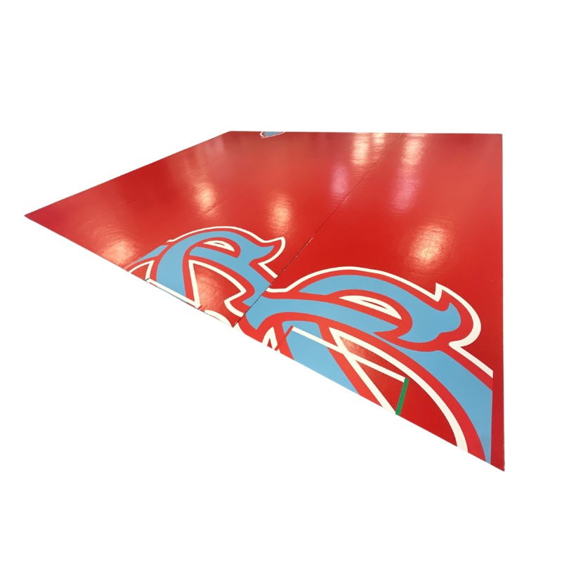 Clearance  20′ x 24′ x 1 3/8 Roll-Up Wrestling Mat -Remnant Mat Red with Blue Logo