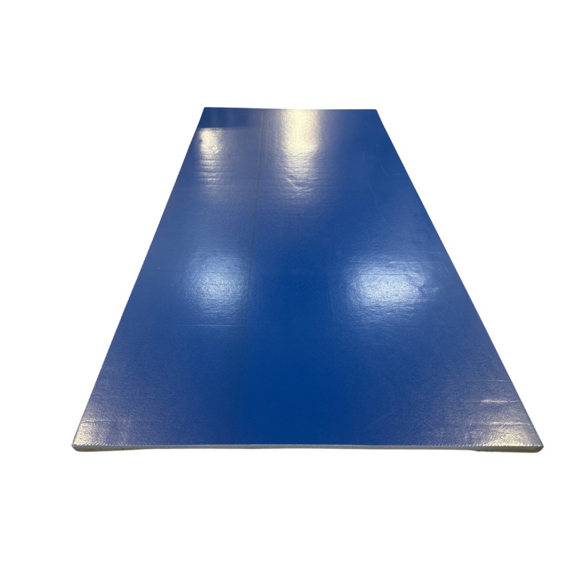 Clearance 6′ x 12′ x  1 3/8 Roll-Up Wrestling Mat -Remnant Mat Blue with no Circles- Black Line Down Length