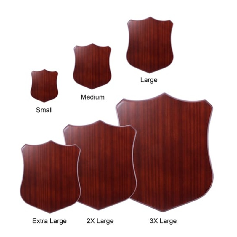 WALNUT WOODEN SHIELD|Small $20.00|Medium $30.00|Large $40.00|Extra Large $55.00|2X-Large $85.00|3X-Large $125.00|NONE|PRINTED TITLE PLAQUE GOLD + $25.00|PRINTED TITLE SILVER PLAQUE + $25.00|ENGRAVED RIBBON GOLD + $30.00|ENGRAVED RIBBON SILVER + $30.00