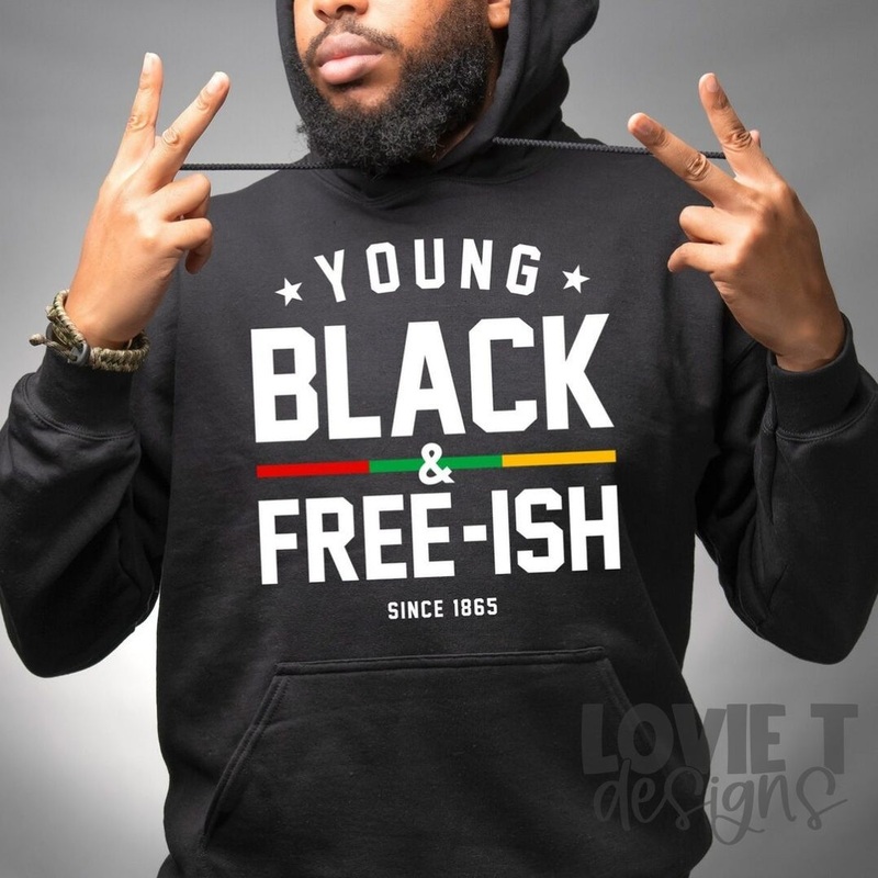 Young Black & Free-Ish|Pocket 3.5″-4″|Infant|Toddler|Youth 8.5|Adult 11″|Adult 12″|Black Font|White Font