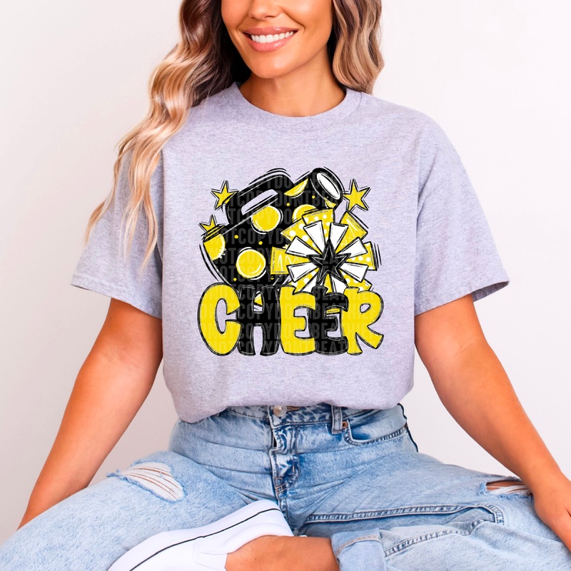 BLACK AND YELLOW CHEER|Pocket 4″|Infant 6″|Toddler 7″|Youth 8.5″|Adult 11″|Adult 12″
