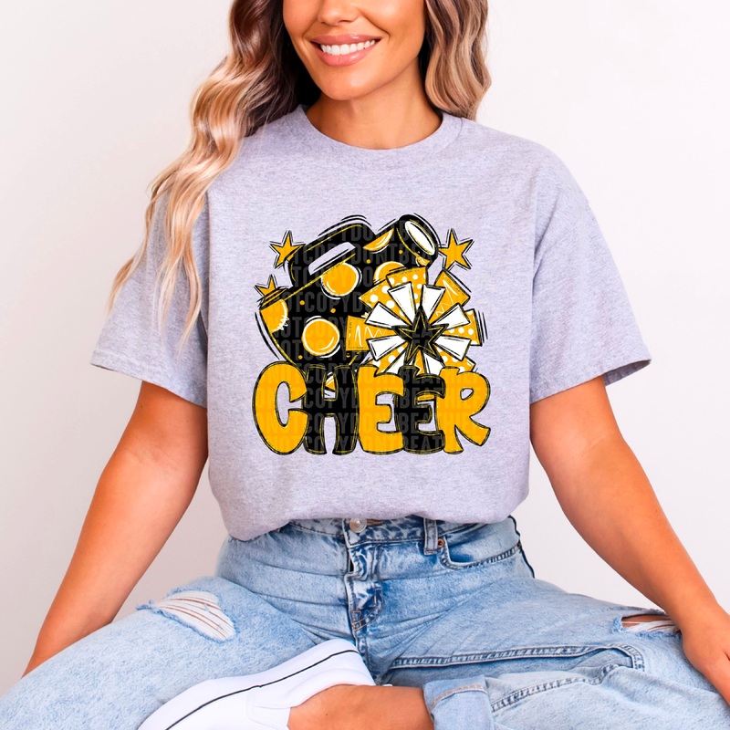 YELLOW GOLD BLACK CHEER|Pocket 4″|Infant 6″|Toddler 7″|Youth 8.5″|Adult 11″|Adult 12″