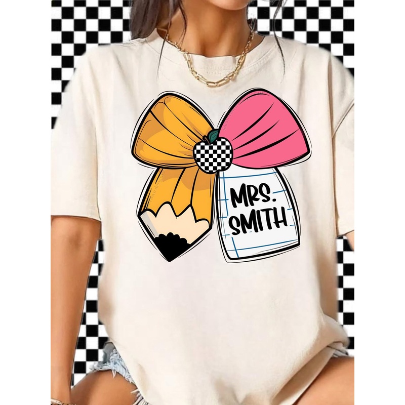 TEACHER CHECKERED APPLE PENCIL BOW
