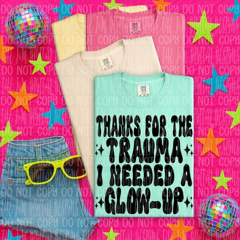 THANKS FOR THE TRAUMA BLACK|Pocket 4″|Infant 6″|Toddler 7″|Youth 8.5″|Adult 11″|Adult 12″