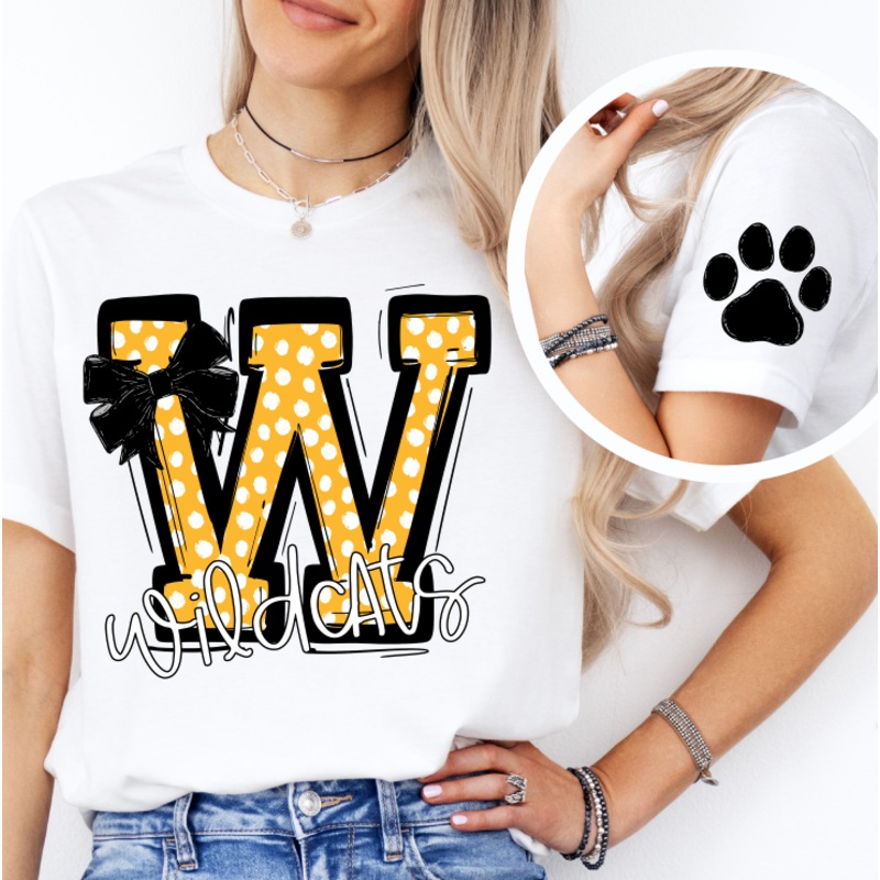 W WILDCATS YELLOW DOT BOW|Pocket 4″|Infant 6″|Toddler 7″|Youth 8.5″|Adult 11″|Adult 12″