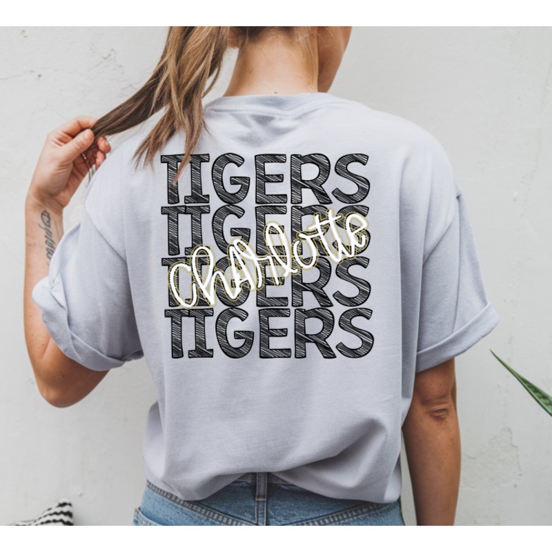 STACKED SKETCHY MASCOT TIGERS CHARLOTTE BLACK