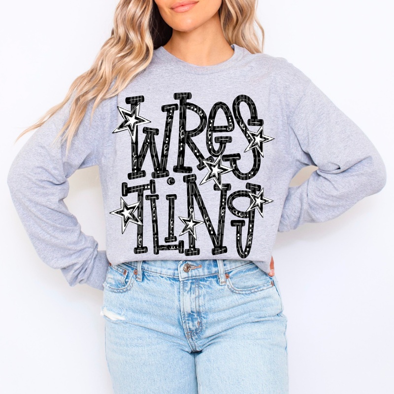 WRESTLING DOODLE TYPOGRAPHY|Pocket 4″|Infant 6″|Toddler 7″|Youth 8.5″|Adult 11″|Adult 12″