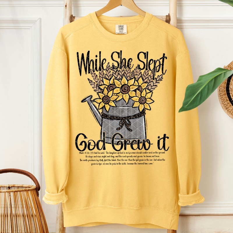 WHILE SHE SLEPT GOD GREW IT|Pocket 4″|Infant 6″|Toddler 7″|Youth 8.5″|Adult 11″|Adult 12″