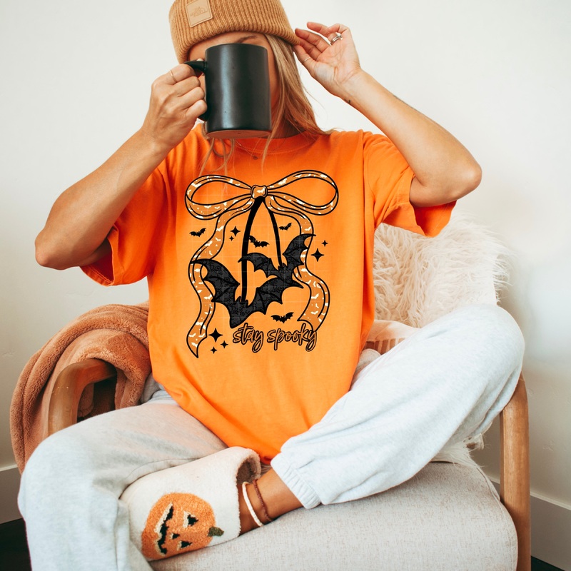 STAY SPOOKY BATS AND BOWS|Pocket 4″(3.28in x 4.00in)|Infant 6″(4.92in x 6.00in)|Toddler 7″(5.74in x 7.00in)|Youth 8.5″(6.97in x 8.50in)|Adult 11″(9.02in x 11.00in)|Adult 12″(9.84in x 12.00in)