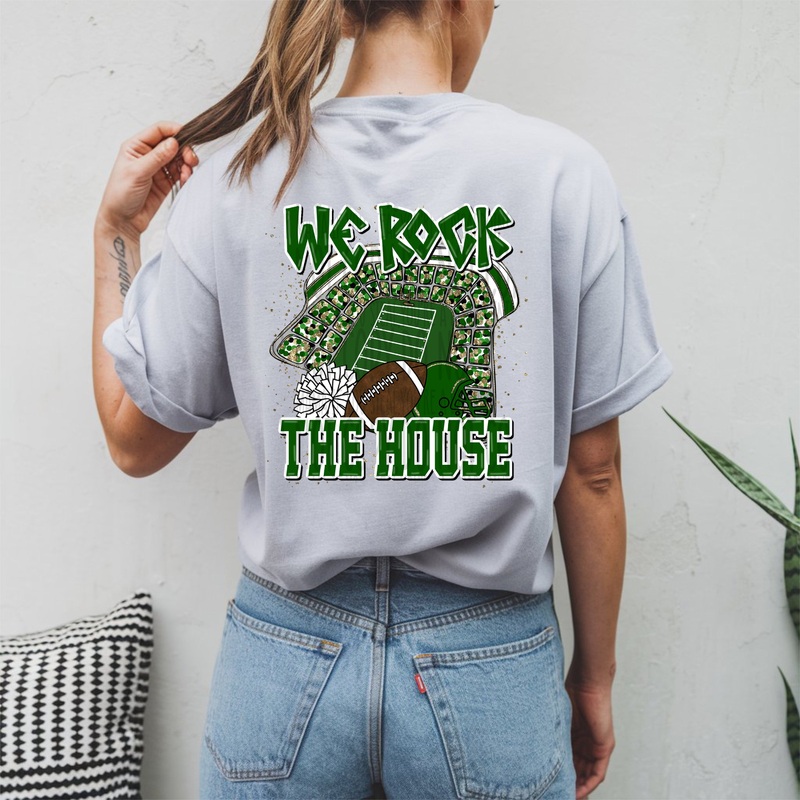 WE ROCK THE HOUSE GREEN WHITE|Pocket 4″(3.65in x 4.00in)|Infant 6″(5.48in x 6.00in)|Toddler 7″(6.39in x 7.00in)|Youth 8.5″(7.76in x 8.50in)|Adult 11″(10.04in x 11.00in)|Adult 12″(10.95in x 12.00in)