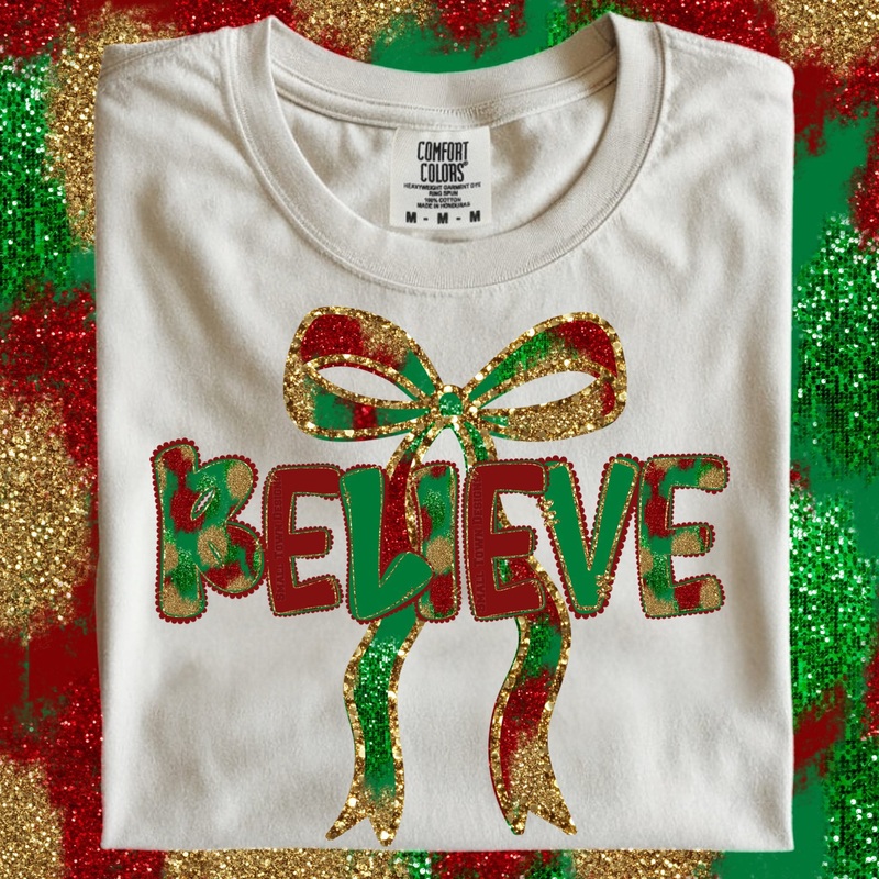 BELIEVE CHRISTMAS BOW|Infant 6″(6.00in x 5.59in)|Toddler 7″(7.00in x 6.52in)|Youth 8.5″(8.50in x 7.92in)|Adult 11″(11.00in x 10.25in)|Adult 12″(12.00in x 11.18in)