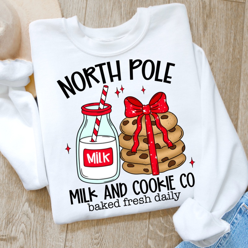 NORTH POLE MILK AND COOKIE CO|Toddler 7″(6.13in x 7.00in)|Youth 8.5″(7.44in x 8.50in)|Adult 11″(9.63in x 11.00in)|Adult 12″(10.51in x 12.00in)