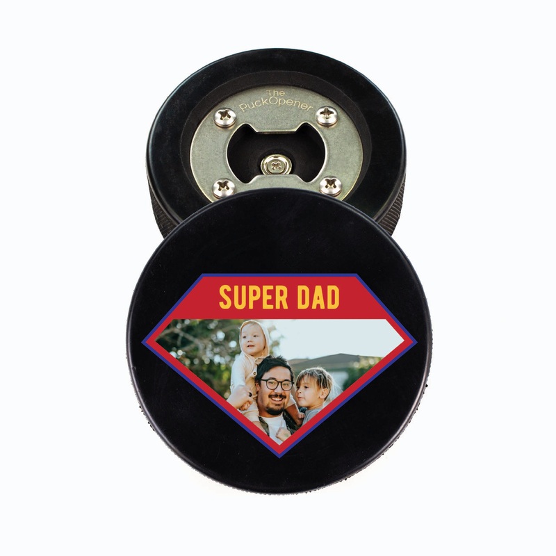 Hockey Puck Bottle Opener, Super Dad Photo