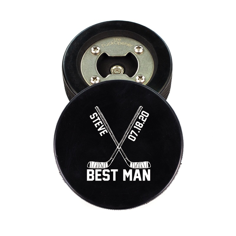 Hockey Sticks Name & Wedding Party Role, Hockey Puck Bottle Opener