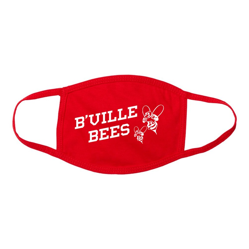 Red B’Ville Face Masks|”B’Ville Bees”|”Baldwinsville” w/ Bee”|”B” w/ Bee|”B’Ville Football” w/ Football|”B’Ville Football” w/ Bee|”B’Ville Baseball”